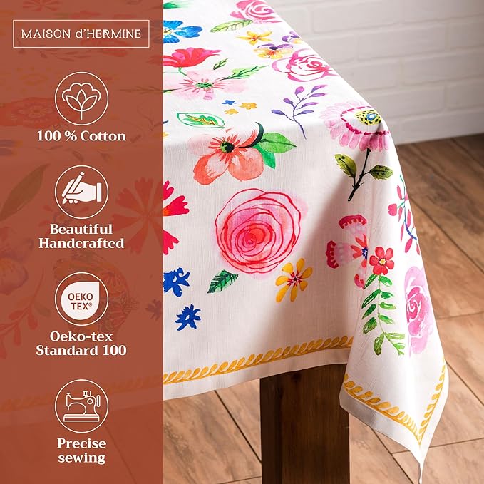 Maison d' Hermine Table Cloth Rectangle Table 100% Cotton 70 x 90 Inches Tablecloth Reusable Decorative for Dining Room Farmhouse Home Valentines Day Decorations Spring Summer - Happy Florals - Sweety