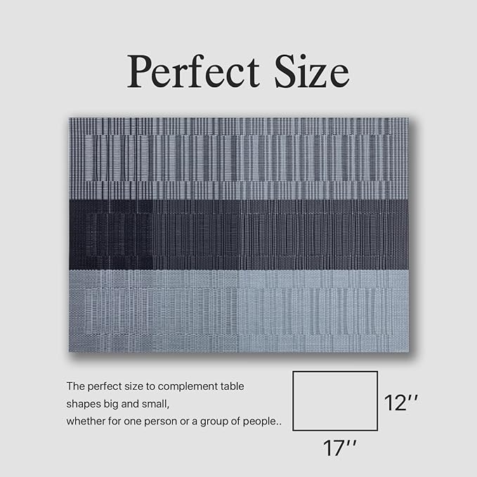 Placemats Set of 12 - Easy Clean Woven Vinyl Placemats for Dining Table, Indoor/Outdoor Place Mats, Washable PVC Table Mats （Silver Gray Black）