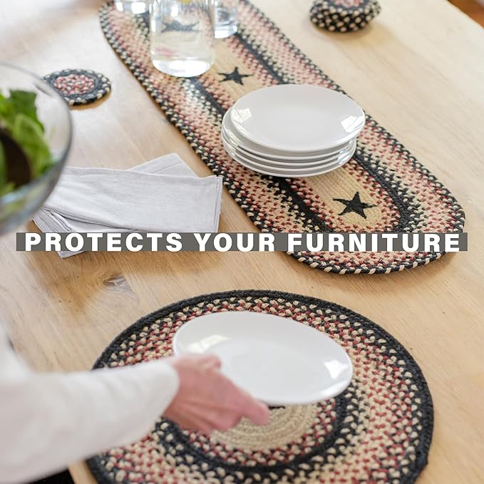 Homespice Primitive Star Gloucester Jute Braided Oval Placemats, Warm Primitive Decor, Set of 6, 13x19 Black and Red Table Mats - Vibrant Colors, Durable, Easy to Clean and Protects Furniture