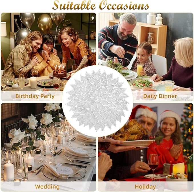 Placemats Set of 8, Round Hollow Out Flowers Place Mats for Dining Table Pressed Vinyl Blooming Leaf Table Mats for Holiday Party Wedding Accent Centerpiece Dinner Table Decoration (Silver)