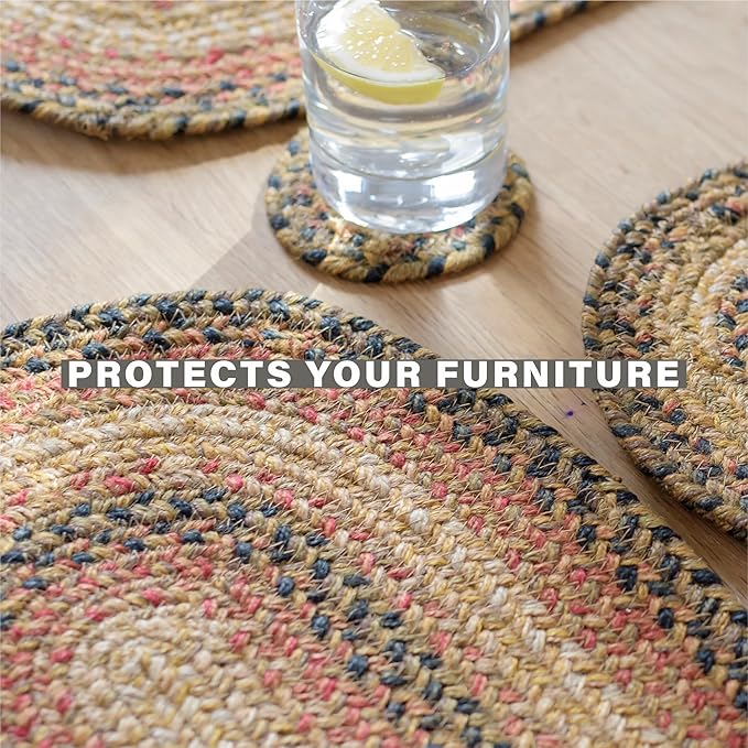 Homespice Russet Jute Braided Oval Placemats, Warm Country Decor, Set of 4, 13x19 Multicolor Table Mats - Vibrant Colors, Durable, Easy to Clean and Protects Furniture