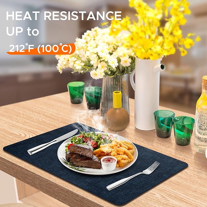 Placemats Set of 6 Washable, Heat Resistant Table Placemats Wipeable Faux Leather Place Mats Non Slip, Waterproof Square Table Mats for Indoor Outdoor, Dark Blue