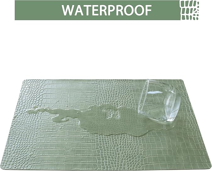 Jovono Faux Leather Placemats Set of 8, Waterproof Heat Resistant Dinner Place Mats for Dining Table, Non-Slip Crocodile Embossed, Green (17.8x11.8 Inch)
