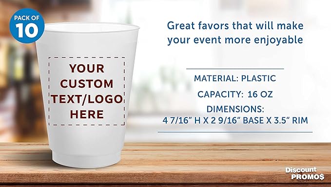 DISCOUNT PROMOS Custom Frosted Plastic Stadium Cups, 10 pack, Promotional Text, Logo, 16 oz. Shatterproof Flexible Reusable Party Cups, Natural