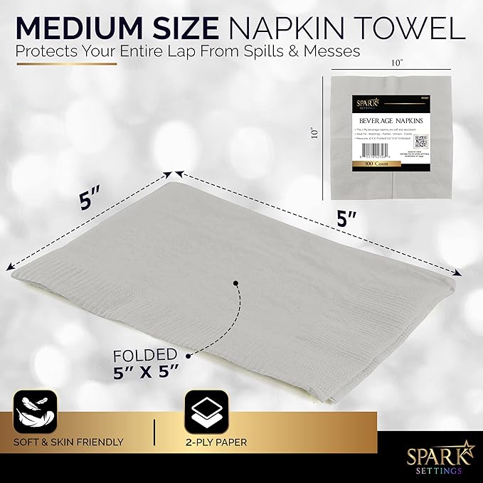 100 Pack Silver Beverage Napkins, Big Party Pack, 2 Ply, Ideal for Wedding, Party, Birthday, Dinner, Lunch, Cocktails. (5” x 5”) by Amcrate