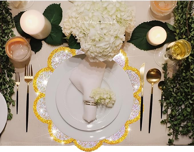 Washable Waterproof Diamond Circle Placemats for Round Tablescape Decor for Dinner and Kitchen Bling Placemats for Weddings & Special Events-8 PCS (Yellow)