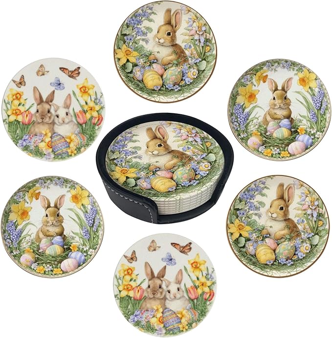 Easter Bunny Coasters for Drinks with Holder Round Leather Coasters Set of 6 Cups Mugs Mat Pad for Home Kitchen Bar
