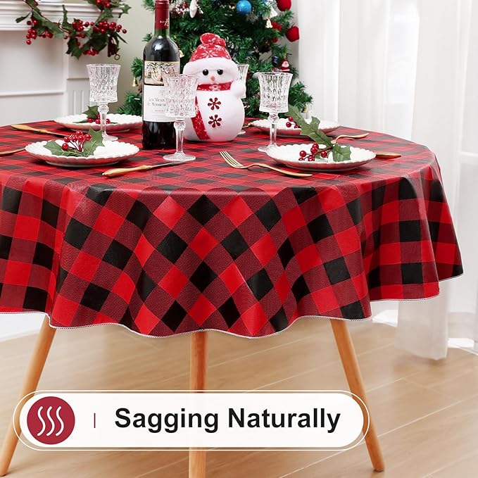 misaya Round Waterproof Vinyl Table Cloth, Buffalo Flannel Backed Tablecloth, Wipeable Plastic Table Cover for Christmas (60", Red and Black)