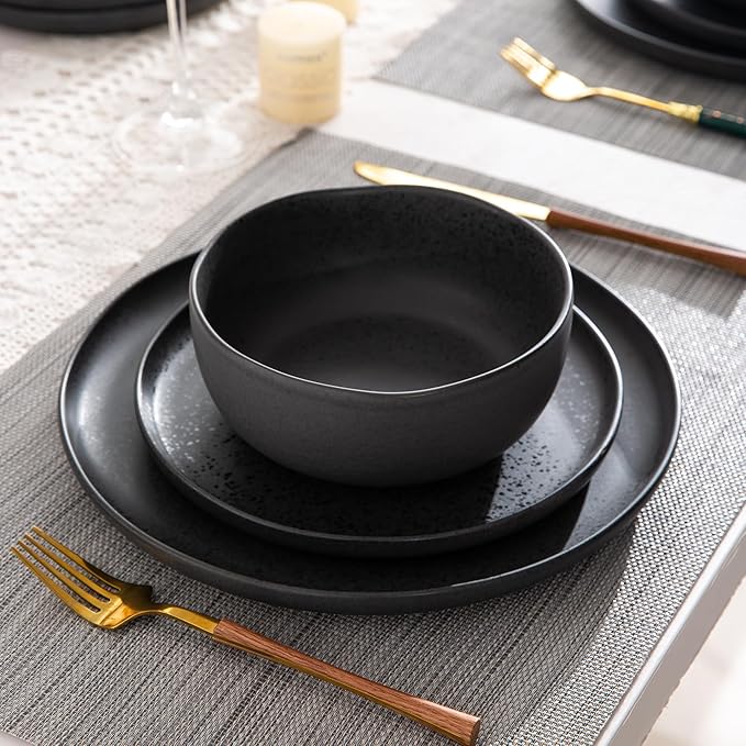 AmorArc Ceramic Dinnerware Sets, Wavy Rim Stoneware Plates and Bowls Sets,Dishwasher & Microwave & Oven Safe Dishes set, Service for 6 (24pc)-Charcoal Matte