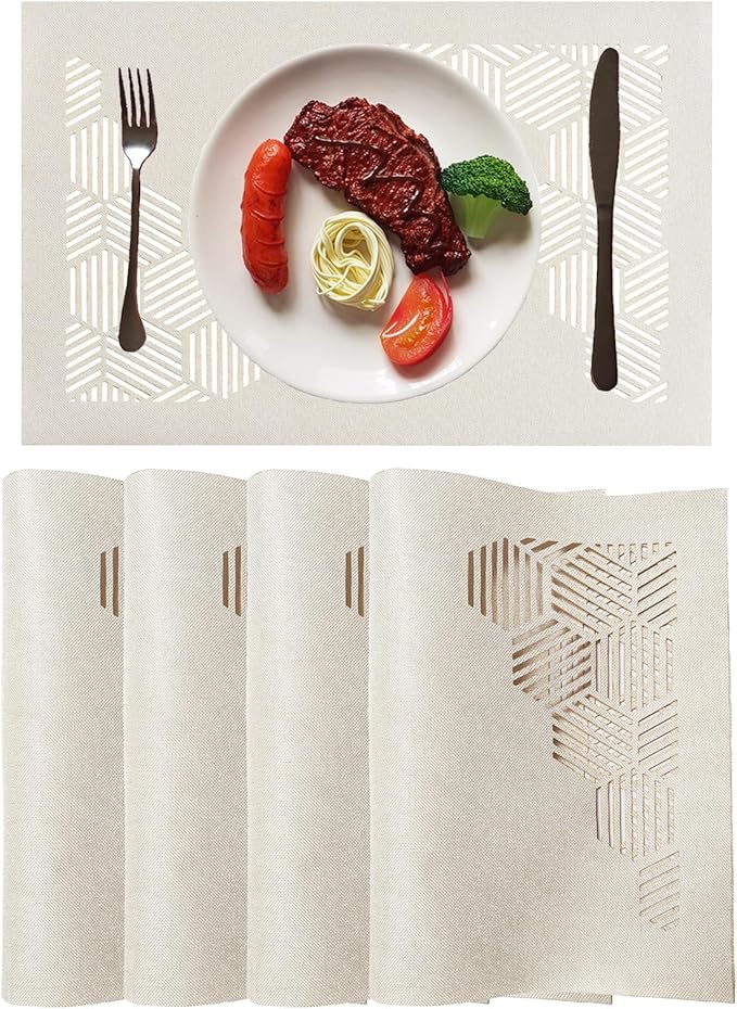 Cloth Placemats Set of 4 for Dining Table, Decorative Placemats with Hollow Design Table Cloth Set, Table Mats for Dining Table 12"x18" Cream