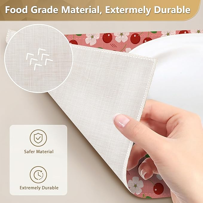 Cherry Berry Flowers Placemats Set of 6 Linen Washable, Heat-Resistant 12x18 Inch Table Place Mats for Kitchen Dining for Home Party Holidays