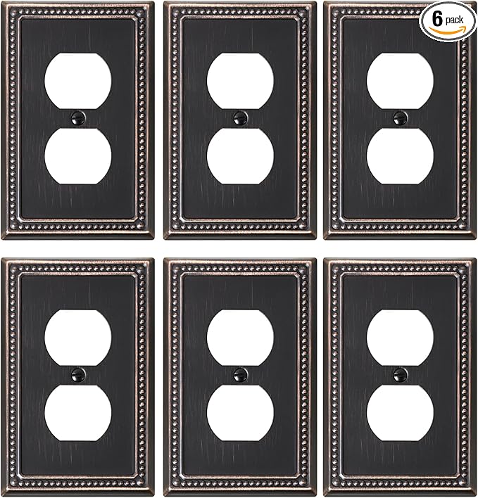 6-Pack Duplex Outlet Cover Plate, Aged Bronze Metal Wall Plates for Electrical Outlets, 1 Gang Receptacle Light Switch Cover, Pearls Decorative Switch Plates and Outlet Covers