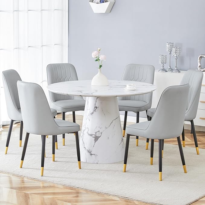 Round Dining Table Set for 6, 45" Modern Faux Marble Kitchen Table and Upholstered Chairs, 7 Piece Circle Dinner Set for Dining Room, Kitchen (White Set)