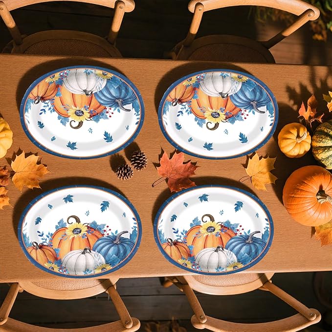 50Pcs Fall Oval Paper Plates Thanksgiving Plates 10" X 12" Large Disposable Blue White Pumpkin Plate Autumn Sunflower Platter Dinner Tableware for Autumn Harvest Thanksgiving Party Decorations