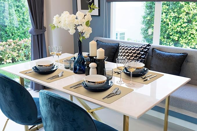 More Décor Faux Leather Placemats Set of 4 for Dining Table – Waterproof, Wipeable, Washable, Stain & Heat Resistant, Non-Slip Table Mats – 12 X 17 Inch, (Solid Beige 4)