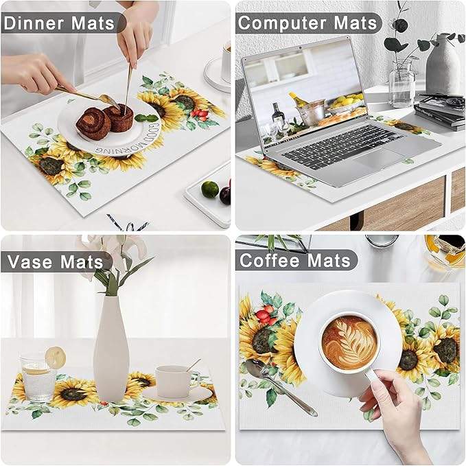 AOFOTO Sunflower Printed Placemats Set of 4 Spring Yellow Floral Leaves Fruit Printed Place Mats Washable Rectangular Table Mats for Party Home Kitchen Restaurant Dining Table Decor 12x18 Inch