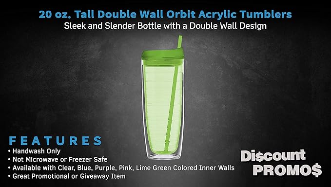 DISCOUNT PROMOS Tall Orbit Acrylic Tumblers 20 oz. Set of 10, Bulk Pack - Perfect for Iced Coffee, Soda, Other Hot & Cold Beverages - Lime Green