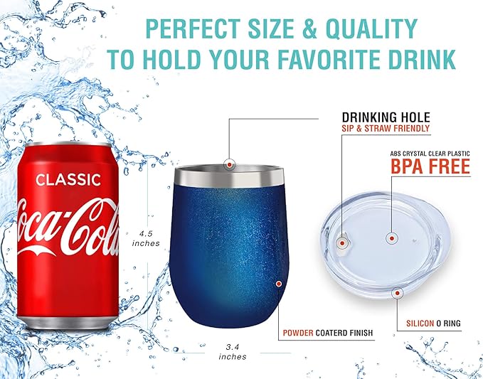 CHILLOUT LIFE 12 oz Stainless Steel Wine Tumblers 2 Pack - Double Wall Vacuum Insulated Wine Glasses Cups with Lids and Straws Set Keeping Cold & Hot for Coffee, Beer, Ice Cream - Blue Sparkle