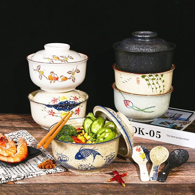 Ceramic Ramen Bowl Set, 800ml, with Lid, Spoon and Chopsticks, Japanese Vintage Large Soup Bowls Instant Noodle Bowl Asian Tableware (Color*1)