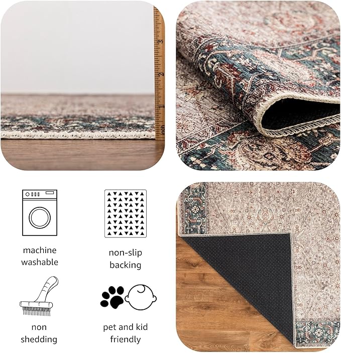 Keen Home Design 9x12 Rug - Machine Washable Area Rug with Non-Slip Backing, Ideal for Living Room, Dining Room, Bedroom - Vintage, Easy Clean, Durable, Low Pile - (9' x 12')