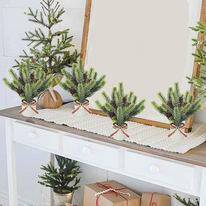 4PCS Christmas Potted Plant, Tabletop Small Christmas Tree with Pine Cones Fake Plants Christmas Greenery for Table Centerpeice Home Office Bathroom Farmhouse Decoration