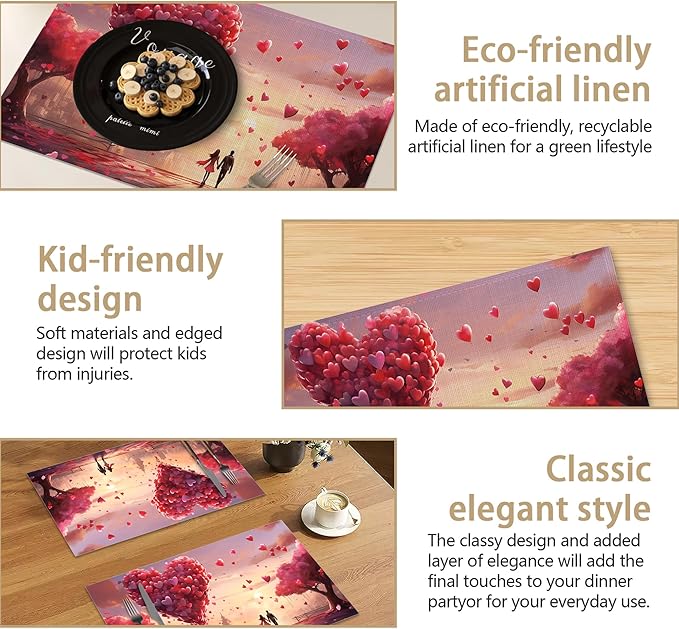 Valentines Day Placemats Set of 6, Valentines Love Heart Heat Resistant Washable Table Placemats for Christmas, Thanksgiving, Party, and Daily Dining