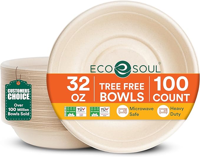 ECO SOUL 100% Compostable 32 Oz Soup Bowls [100-Pack] Disposable Sturdy Bowls I Heavy Duty Paper Bowl I Eco-Friendly Salad Bowl I Biodegradable Large