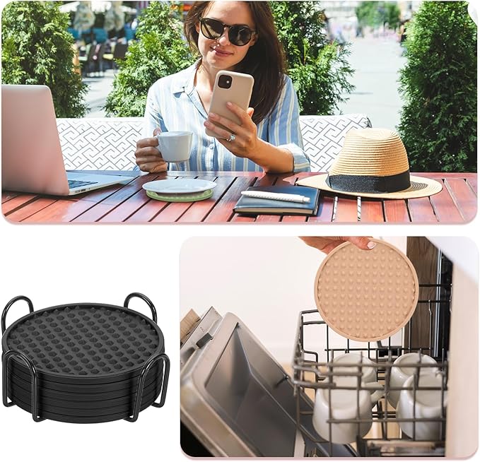 uxcell Set of 6 Round Drink Coasters with Holder, 4" Silicone Coaster for Drinks Non-Slip Cup Coaster Heat Resistant Glass Cushion for Bar Kitchen Office Decor, Black(Pentagon)