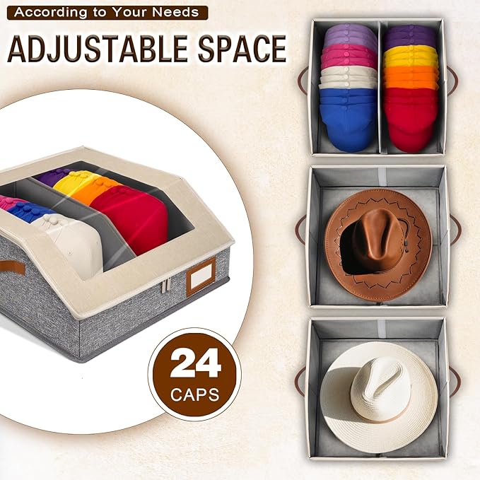2-in-1 Hat Organizer for Baseball Caps Holds 48-60 Caps Hat Storage with Adjustable Divider Stackable Hats Holder for Closet with Clear lid Cowboy Hat Box for Men Women 2 PCS Beige and Grey