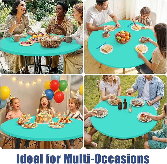 Round Spandex Tablecloth, Elastic Fitted Waterproof Tablecloths for 57"-68" Tables, Stretch Washable Picnic Table Cover for Camping, Dining, Indoor and Outdoor,Aqua Blue