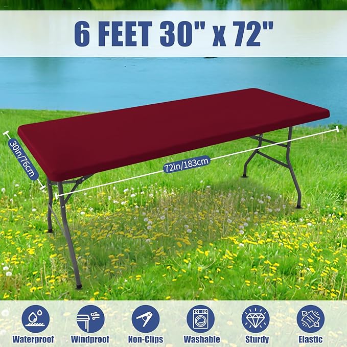 Spandex 6 Foot Rectangle Table Cloth 2 Pack, Elastic Fitted Tablecloths for Picnic, Stretch Washable Patio Table Cover for Outdoor, Camping, Banquet and Parties (Wine Red, 30"x72")