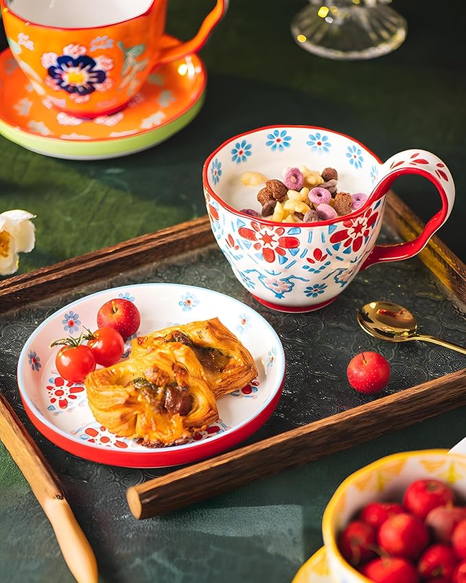 25oz Ceramic Soup Bowl with Handle – Handcrafted Floral Pottery Cereal & Ramen Bowl – Large Microwave & Dishwasher Safe Decorative Bowl for Everyday Use or Gift (Crimson Frost, 20oz)