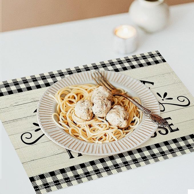 Vintage Farmhouse Placemat Set, Rustic Minimal Black White Check Inspirational Quotes Sketch Sunflower Pattern Home Decoration Linen Table Mats for Dining Room Kitchen Party (17x12in) x6P