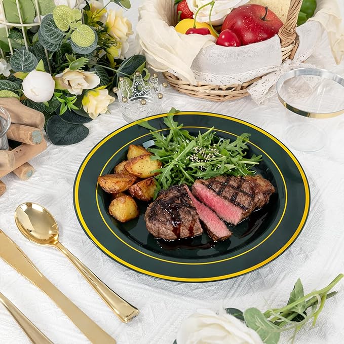 350PCS Green and Gold Plates - Green Plastic Plates 50Guests Plastic Plate with Rolled Napkins for Party/Birthday/St. Patrick's Day