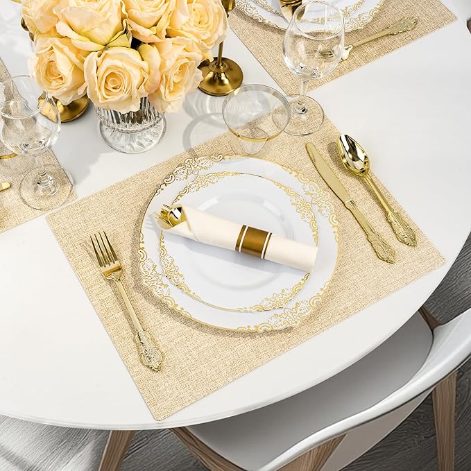 700PCS Gold Plastic Plates for 100 Guests, Disposable Dinnerware Sets Include 200 Gold Rim Plastic Plates, 100 Silverwares, 100 Cups, and 100 Pre Rolled Napkins for Party, Wedding, Graduation