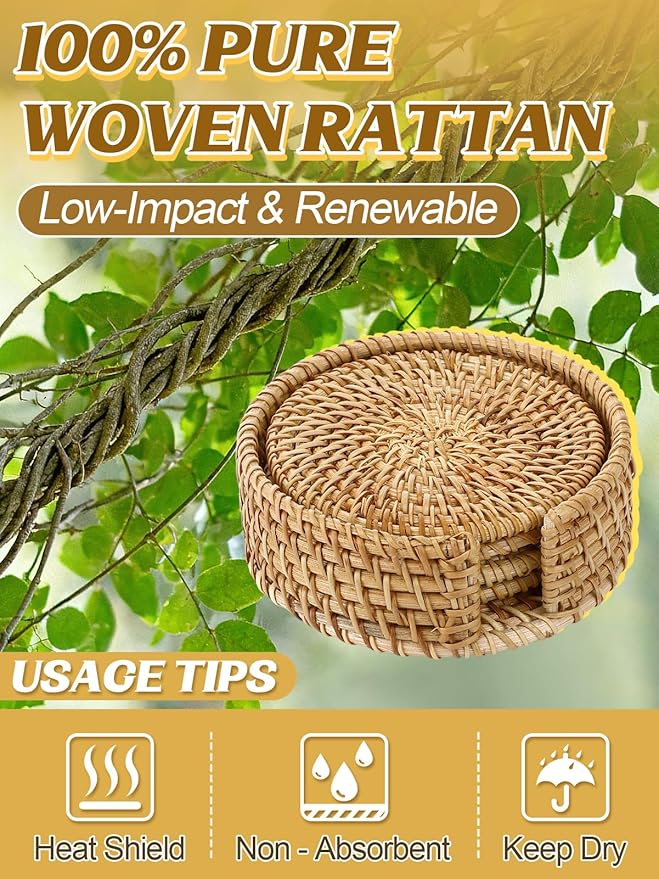 4pcs Natural Handmade Rattan Coasters with Holder - Wicker Drink Coasters Set for Protecting Table, Housewarming Gifts Boho Fall Home Decor