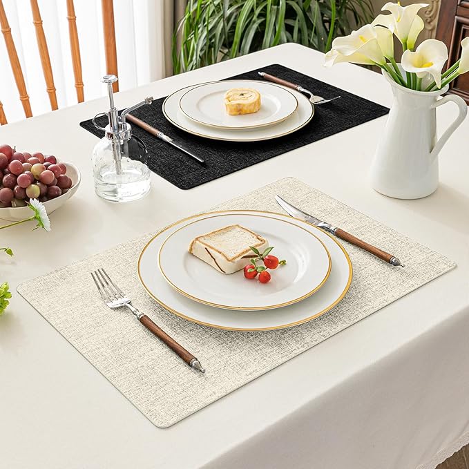 Romanstile Reversible Vinyl Placemats Set of 6, Faux Leather 100% Waterproof Oil-Proof Wipeable Place Mats, Heat Resistant Dual Sided Table Mats for Kitchen/Dining/Party (Black Beige, 12 x 17 Inch)