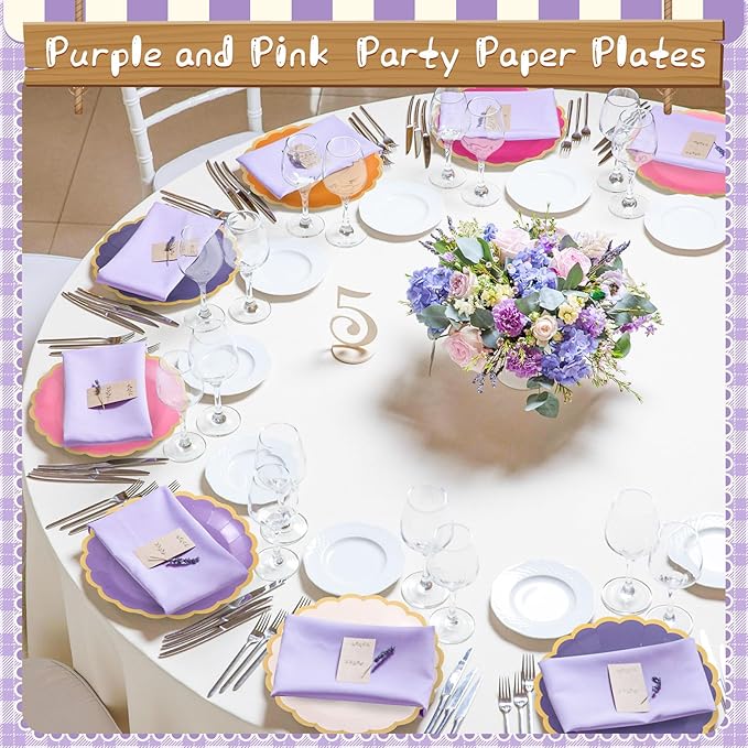 96 Pcs Pink and Purple Paper Plates 9 Inch Gradient Scalloped Paper Plates Disposable Dinner Dessert for Birthday Wedding Bridal Party Supplies, 6 Colors