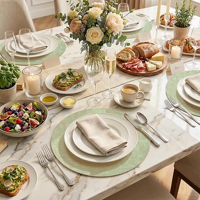 15 inch Faux Leather Round Placemats Set of 6 Non-Slip Washable Wipeable Table Mats, Heat Resistant Waterproof Oilproof Sage Green Place Mats for Kitchen, Dining, Party, Indoor, Outdoor