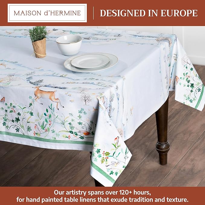 Maison d' Hermine Table Cloth Square Table 100% Cotton 54 x 54 Inches Fall Tablecloth Reusable Everyday Use for Thanksgiving Christmas Decorations Dining Farmhouse Party (Snowy World)