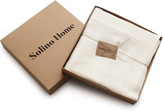 Solino Home Linen Tablecloth 60 x 132 Inch - Classic Hemstitch 100% Pure Linen Ivory Table Cloth for Rectangle Tables - Machine Washable Tablecloth for Spring, Easter