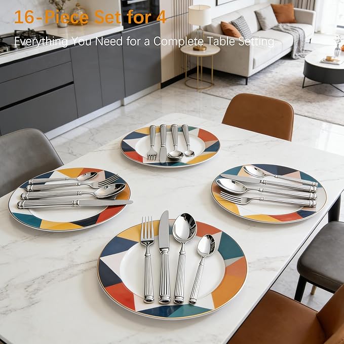 Silverware Set for 4 Morden Flatware Set 16 Pieces 18/10 Stainless Steel Unique Roman Column Handle Cutlery Utensil Sets for Home Restaurant Dishwasher Safe Tableware Set