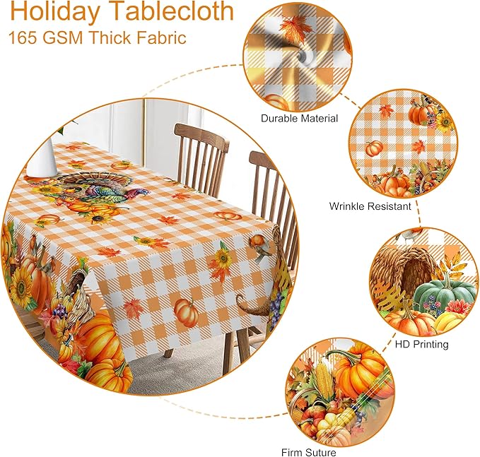 Thanksgiving Tablecloth Round 70 Inch, Turkey Pumpkins Table Cloth Holiday Indoor Decor for Dining Room Party