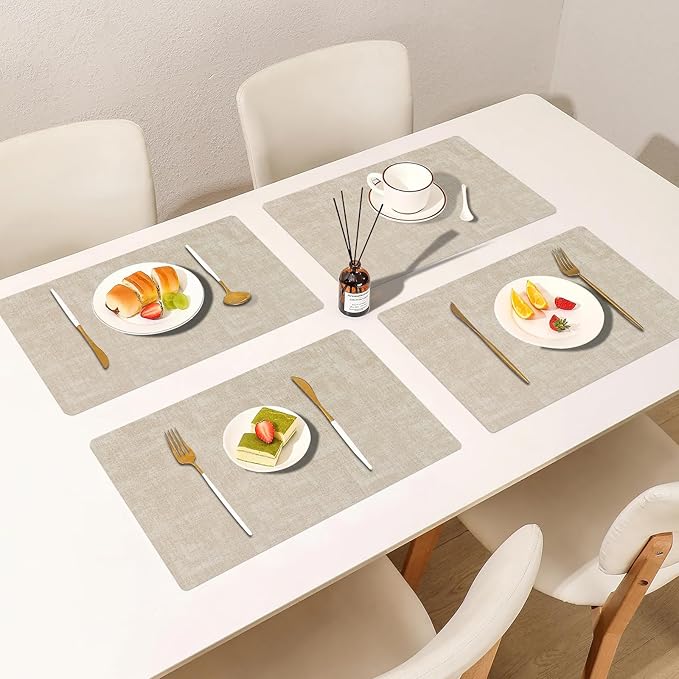 Faux Leather Placemats Set of 6, Heat Resistant Wipeable Washable Vinyl Place Mats, Waterproof Anti-Slip Dining Table Mats, Suitable for Indoor & Outdoor Use (Beige)
