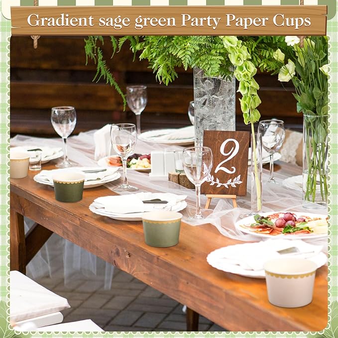 Zopeal 96 Pcs Sage Green Disposable Ice Cream Bowls 9oz Green Gradient Color Paper Snack Cups with Gold Scallop for Parties, Weddings, Baby Showers, Desserts, Yogurt, and Salads