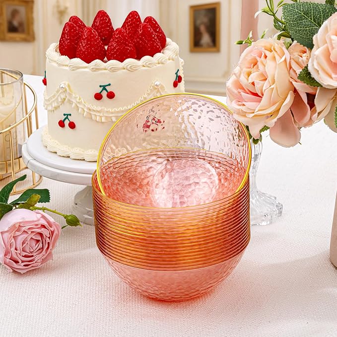 Tinybee 50 Pack Pink Plastic Bowls - Pink Disposable Bowls for Party with Gold Rim, 16-20oz Premium Hammered Bowls Disposable Heavy Duty, Plastic Salad Bowls for Milk Cereals, Snacks, Salads