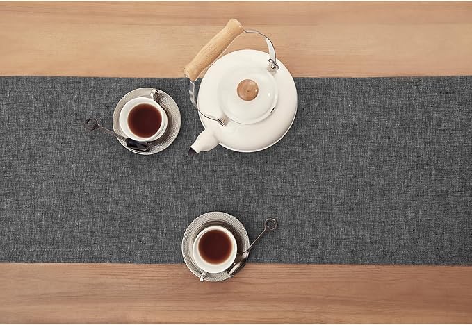 Solino Home Linen Table Runner 144 Inches Long - Athena, 100% Pure Linen Charcoal Grey Dining Table Runner 14 x 144 Inch for Winter - Handcrafted and Machine Washable