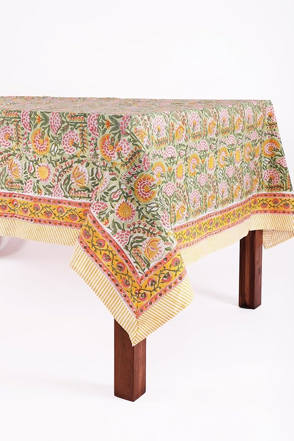 ATOSII Clover Green 100% Cotton Rectangle Fall Tablecloth, Handblock Floral Print Linen Table Cloth for Kitchen Dining I Parties, Weddings, Outdoors, Easter I Home Decor 60 X 108 Inches I 8 Seater