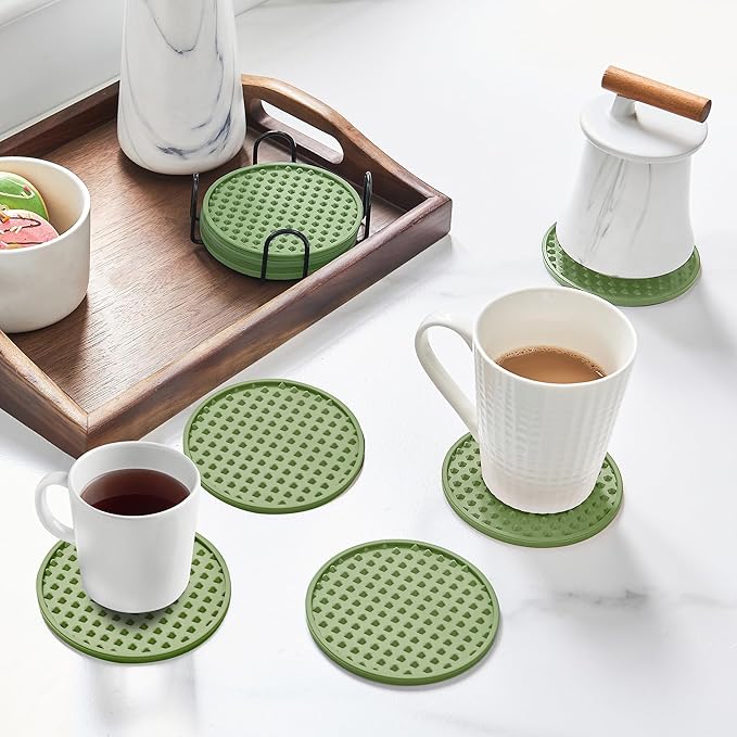 Coasters for Drinks, Silicone Coasters Set of 6 with Metal Holder, Outdoor Coaster for Coffee Table, Non-Slip Rubber Table Cup Mat Desk, Heat Resistant & Scratch-Proof (Green)