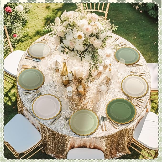 96 Pcs Sage Green Paper Plates 9 Inch Gradient Scalloped Paper Disposable Dinner Dessert Plates for Birthday Wedding Bridal Party Supplies, 6 Colors